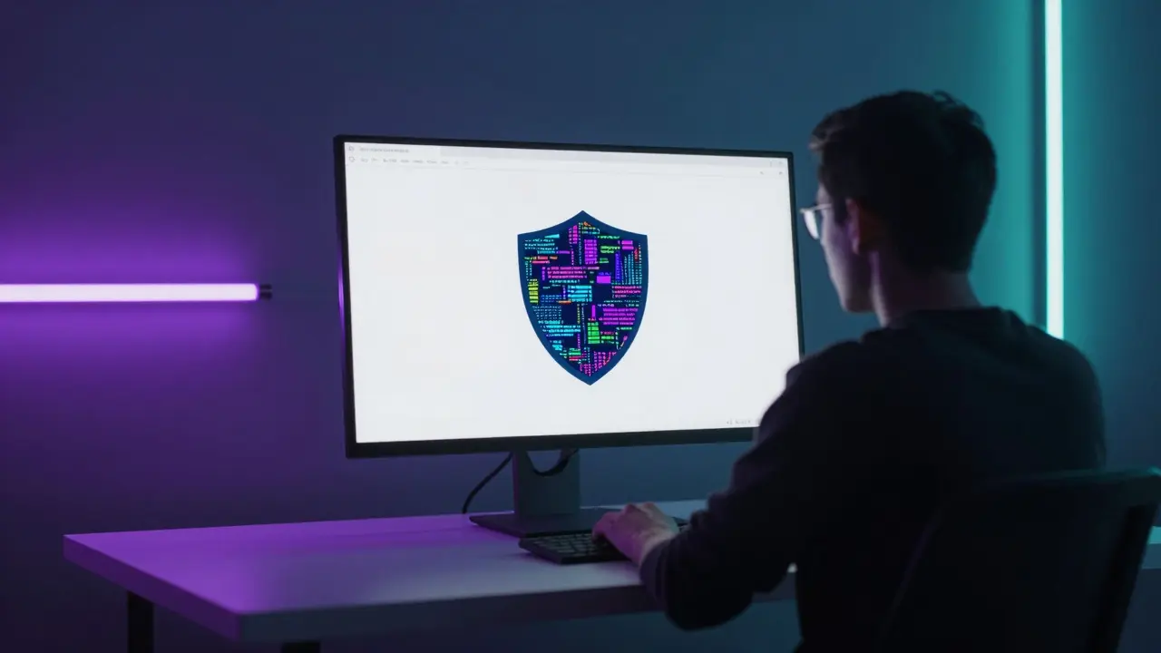 User securing local metadata cleanup on a sleek monitor in a dark cyberpunk room