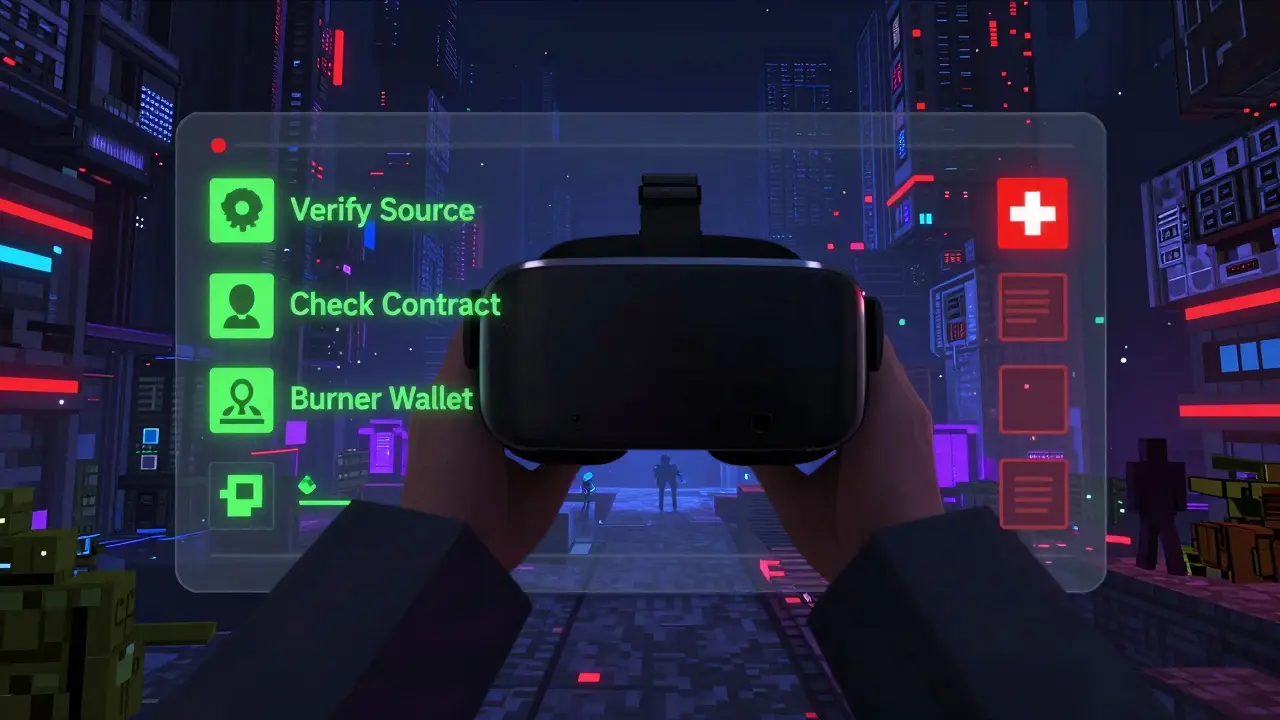 VR interface showing a voxel metaverse with security checklist overlays