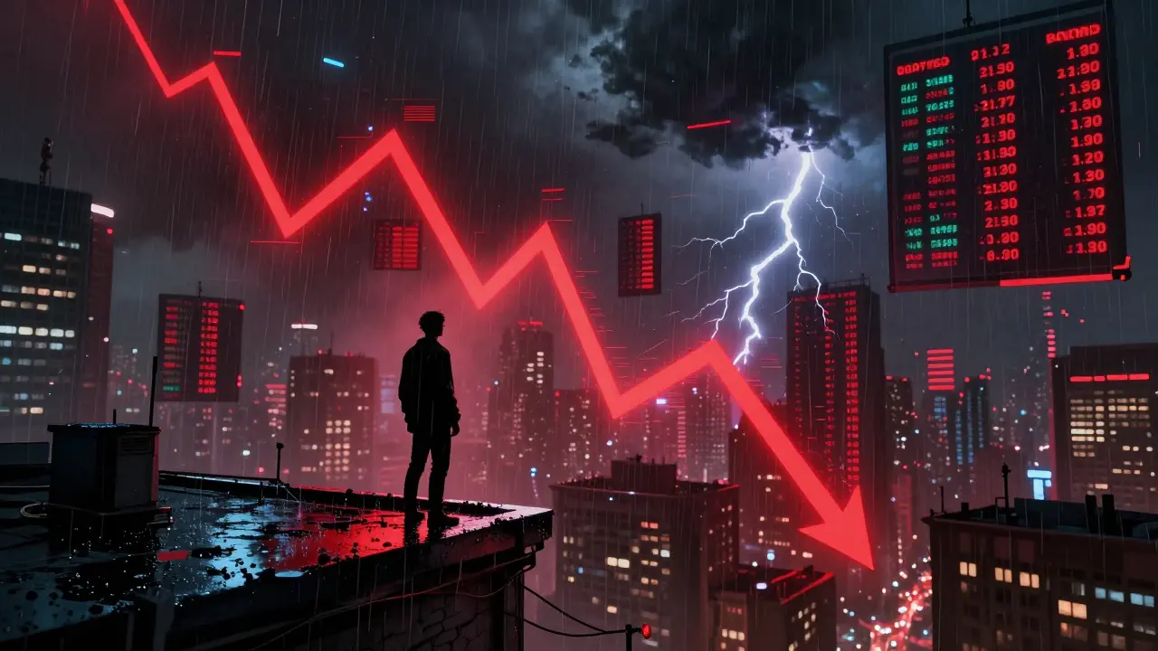 A person overlooking a city with floating red price charts indicating market drops.