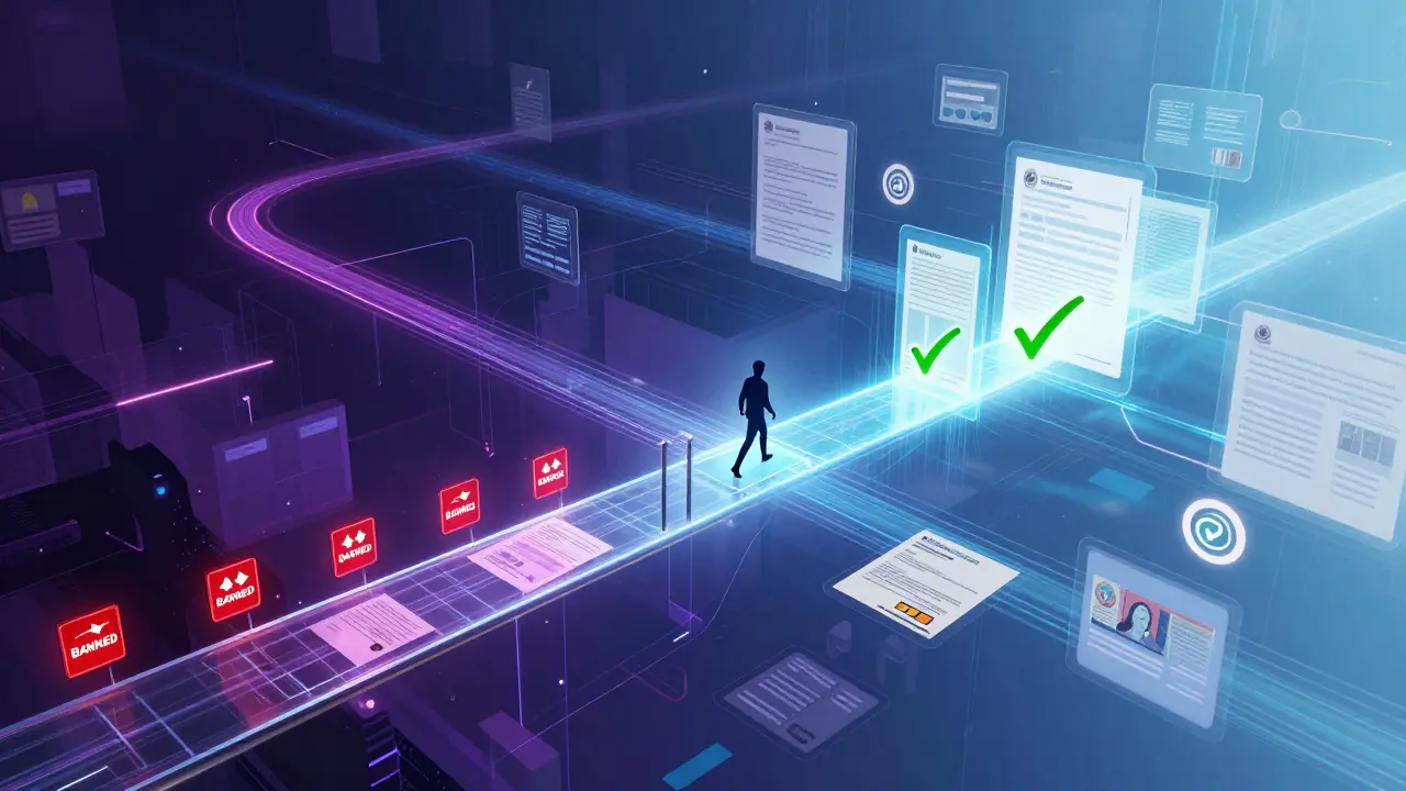 Abstract cyberpunk visualization of migrating from banned to friendly jurisdictions