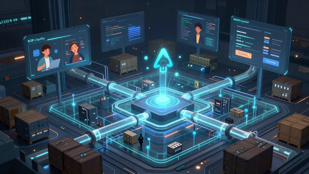 Abstract cyberpunk visualization of MUDA Liquidity Rail backend infrastructure supporting retail interfaces
