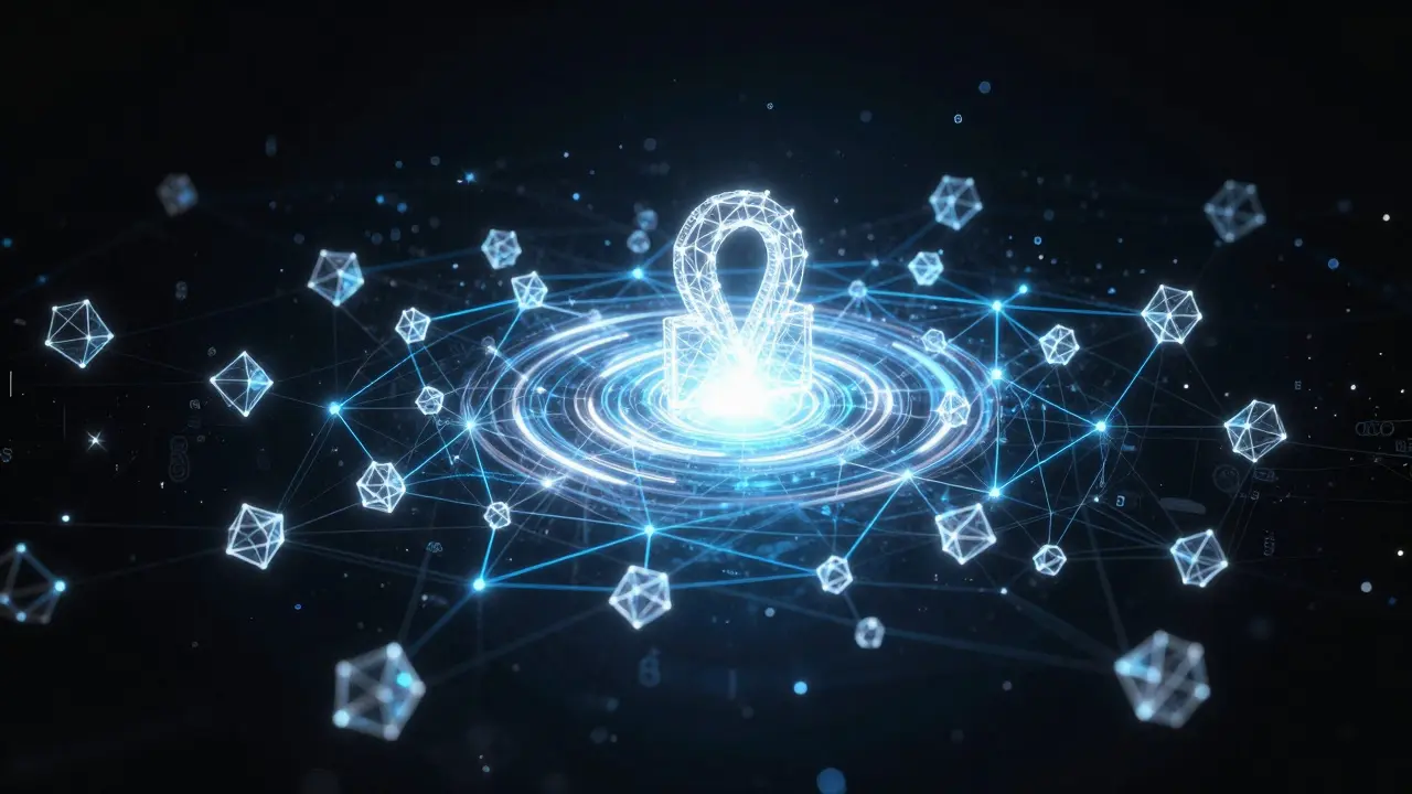 Abstract network of glowing blue nodes representing blockchain redundancy