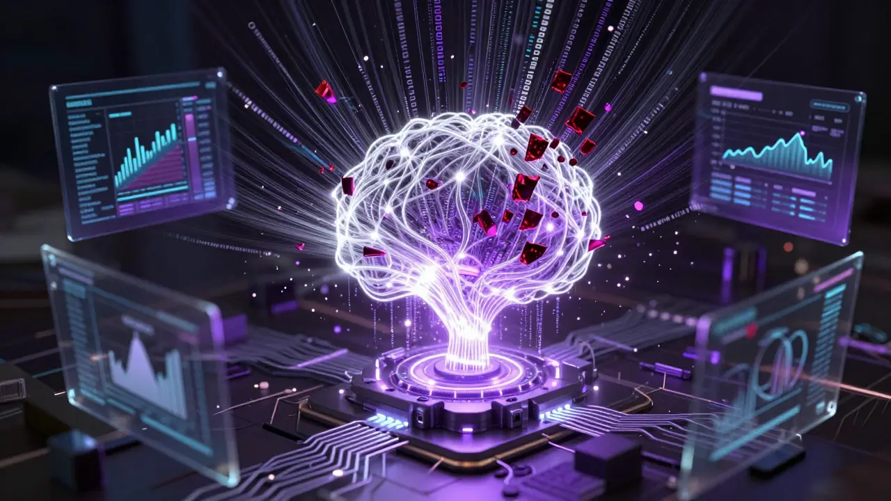 AI neural network filtering illegal crypto transactions in neon style