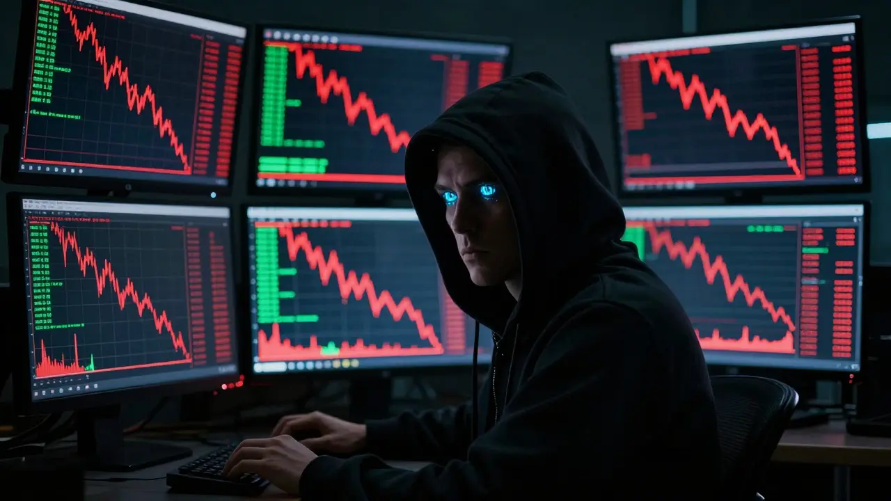 Anonymous hacker watching crashing red crypto charts on neon monitors