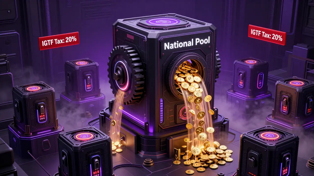 Conceptual cyberpunk graphic of the National Digital Mining Pool, where cryptocurrency flows into a central government vault, surrounded by tax warnings and regulatory controls in a dark, high-tech environment.