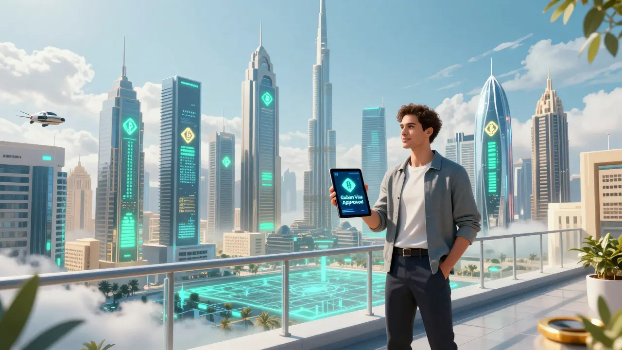 Confident entrepreneur on a balcony overlooking a futuristic crypto-friendly city