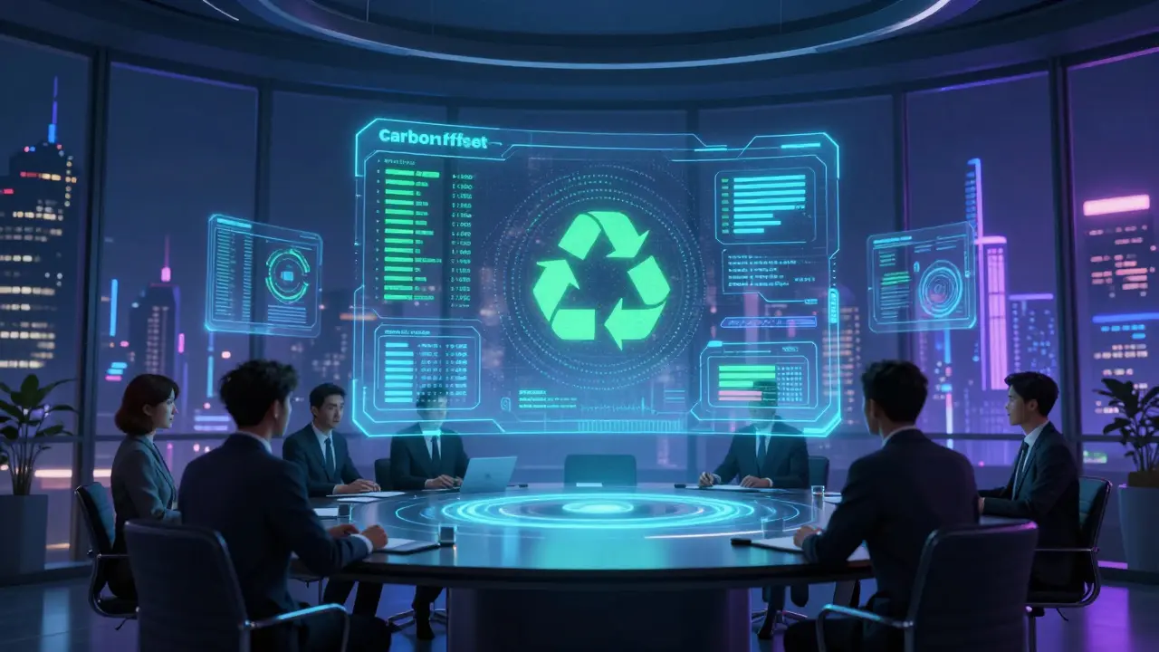 Corporate executives viewing holographic carbon offset data in a futuristic office.