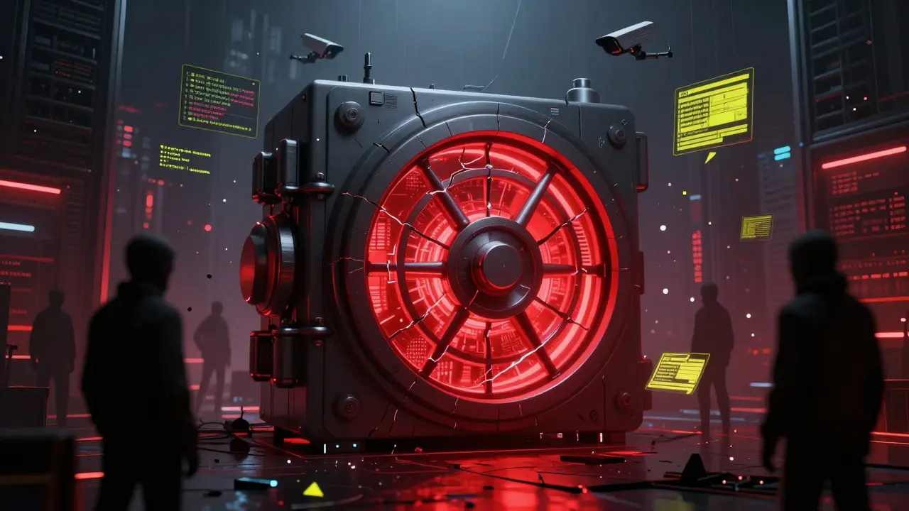 Cracked digital vault symbolizing risks in wrapped token custody
