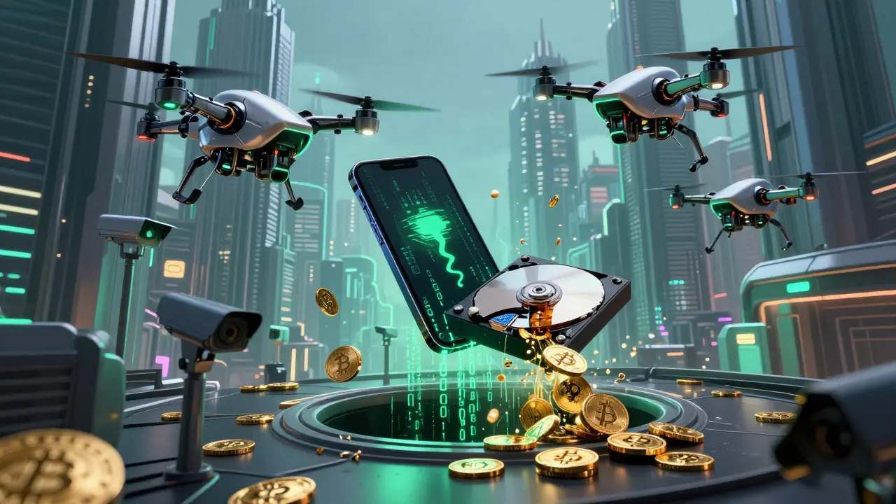 Cyberpunk art: Drones seize dissolving crypto devices against a dystopian Nepali city backdrop.