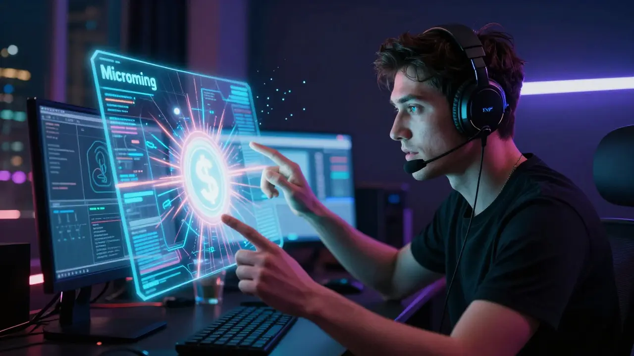 Cyberpunk artist receiving instant crypto tips via holographic interface