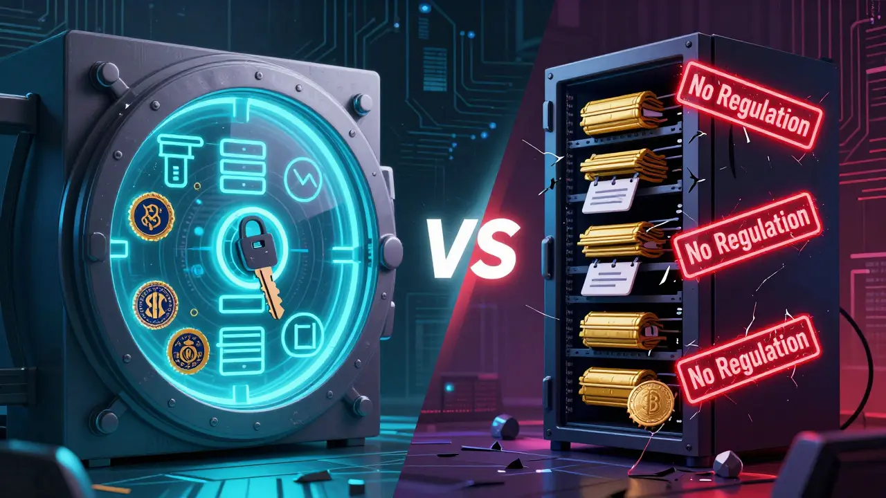 Cyberpunk comparison graphic of secure legitimate exchanges versus unsafe fake platforms