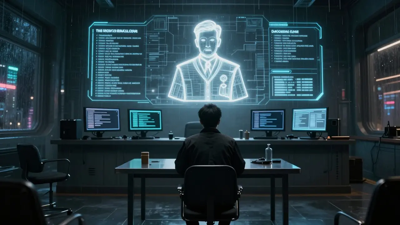 Cyberpunk courtroom: Detained individual faces holographic judge and blockchain evidence screens.