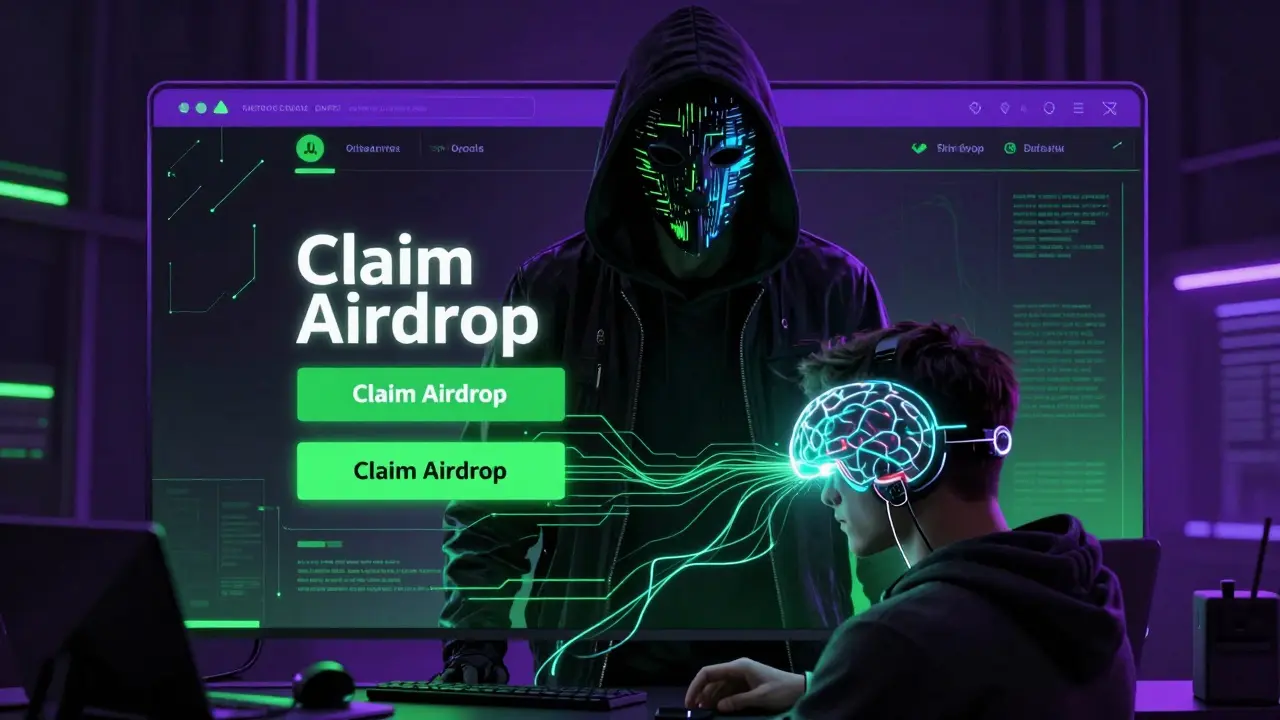 Cyberpunk hacker draining funds through a deceptive airdrop interface
