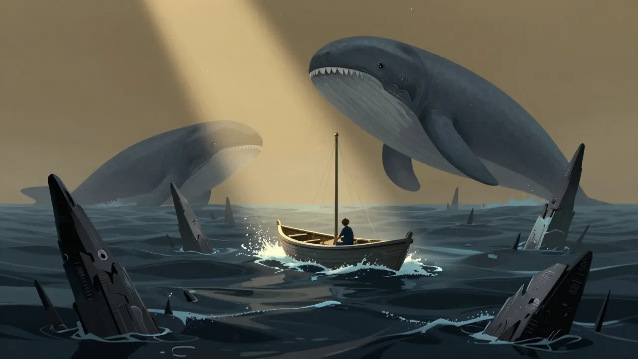 Cyberpunk metaphor of a small boat in rough digital waters vs large ships, symbolizing liquidity risks.
