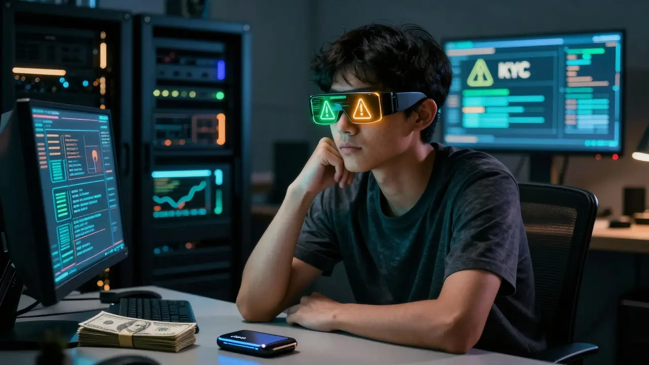 Cyberpunk portrait of user checking volatile crypto stats with strict KYC warnings