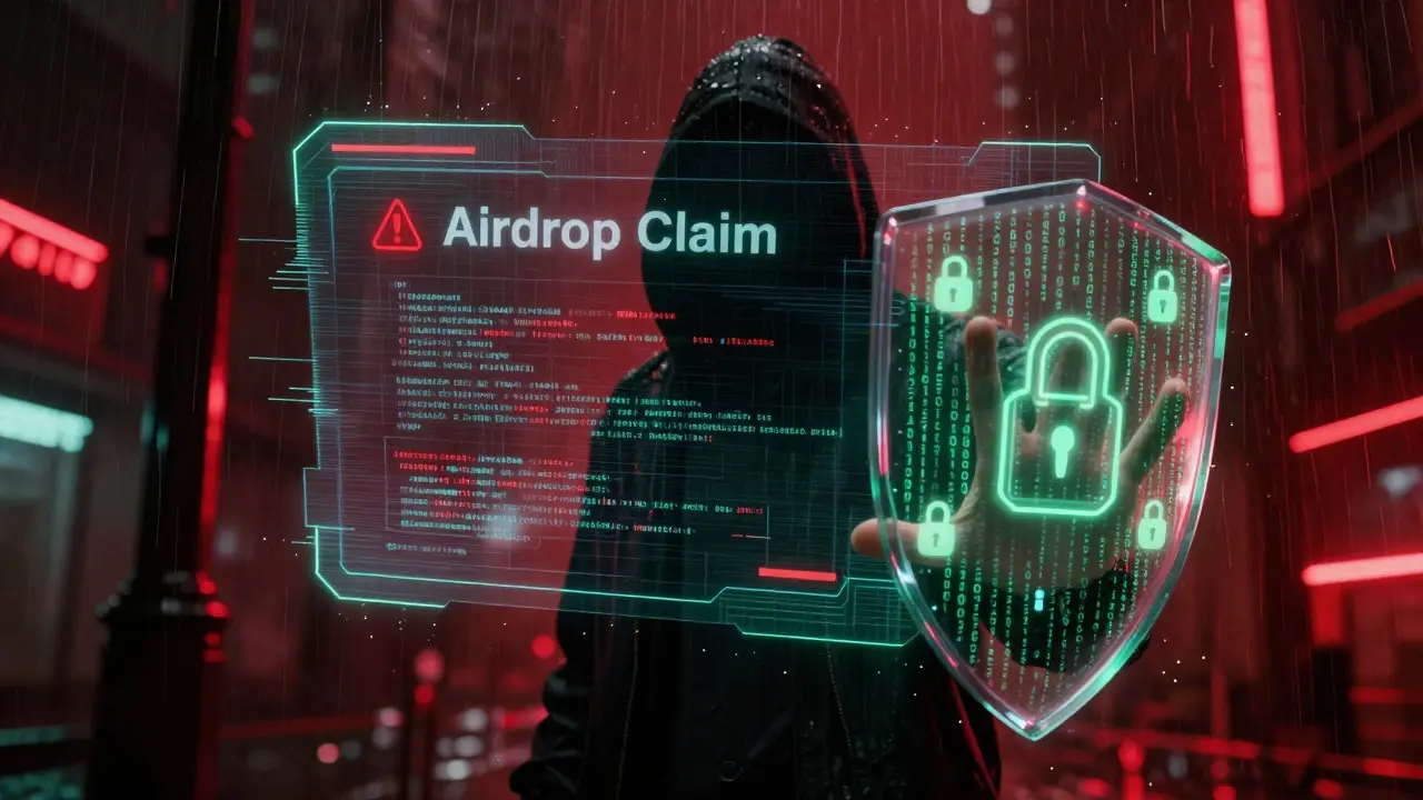 Cyberpunk warning against crypto scams with glitching hologram