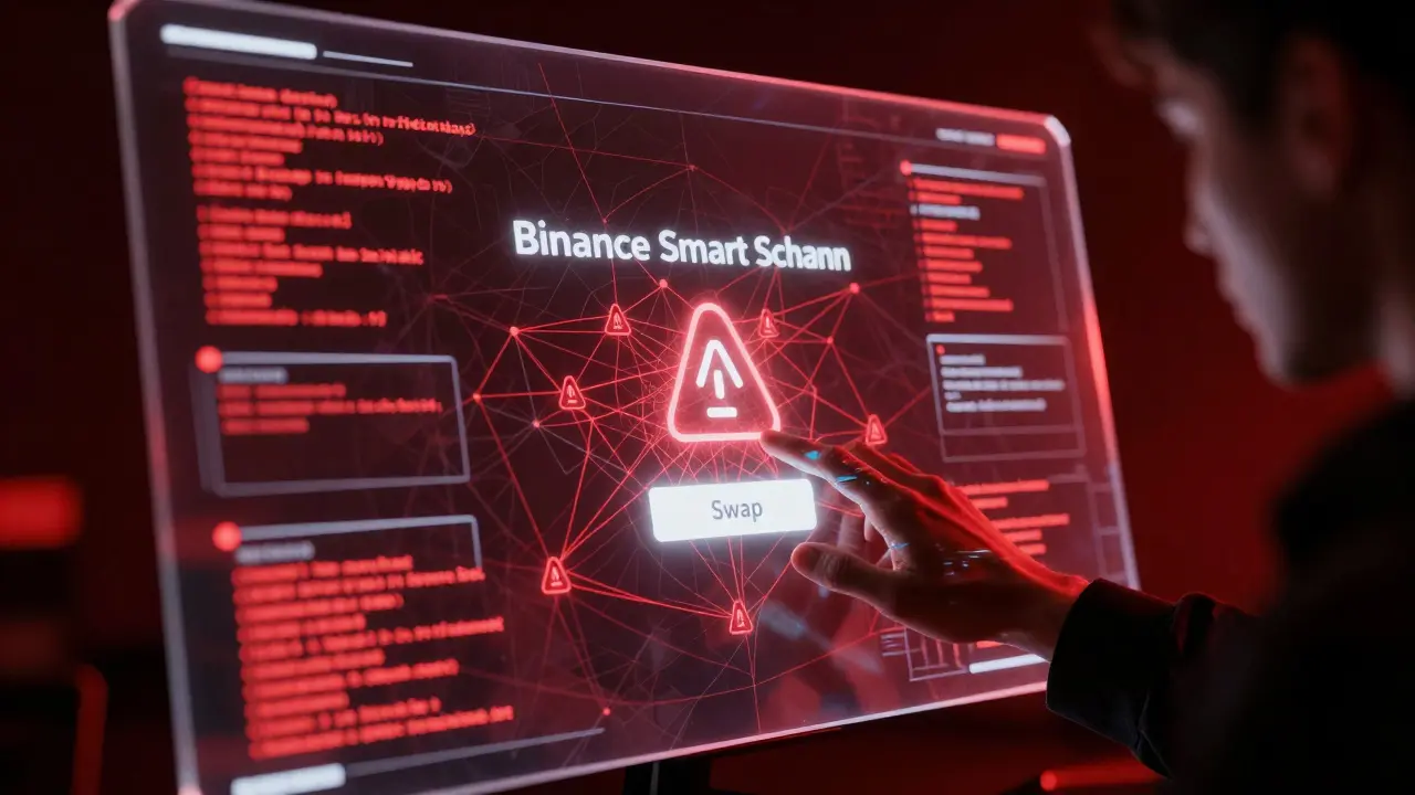 Cyberpunk warning signs and phishing alerts on a futuristic trading screen