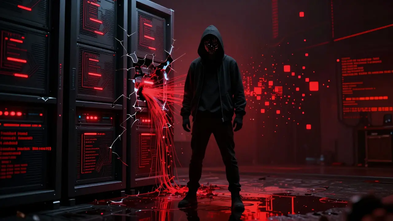Dark cyberpunk scene of a hacker attacking a cracked server, representing DeFi security breaches.