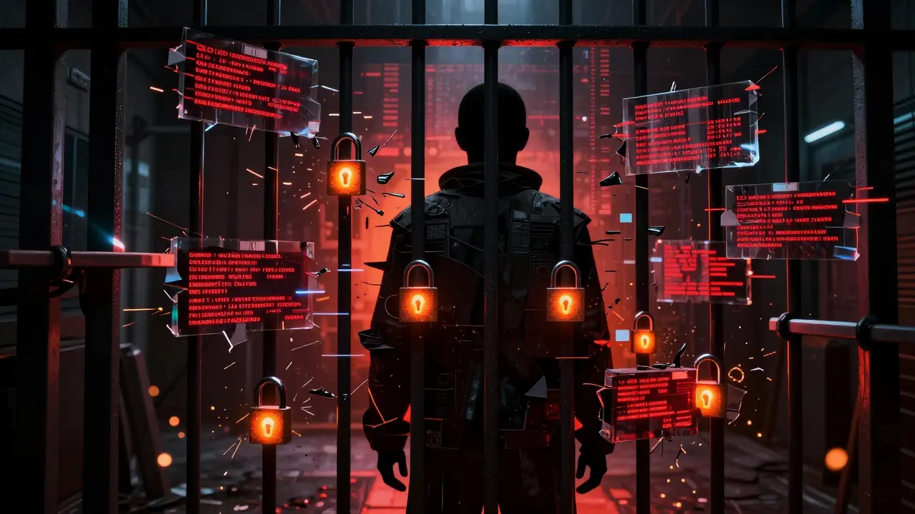 Digital avatar trapped in a glitching red cage representing frozen accounts.