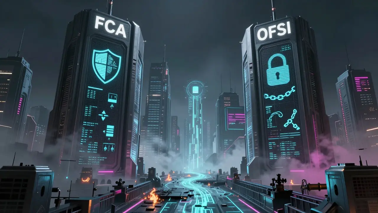 Digital towers representing UK regulators overseeing crypto data flows