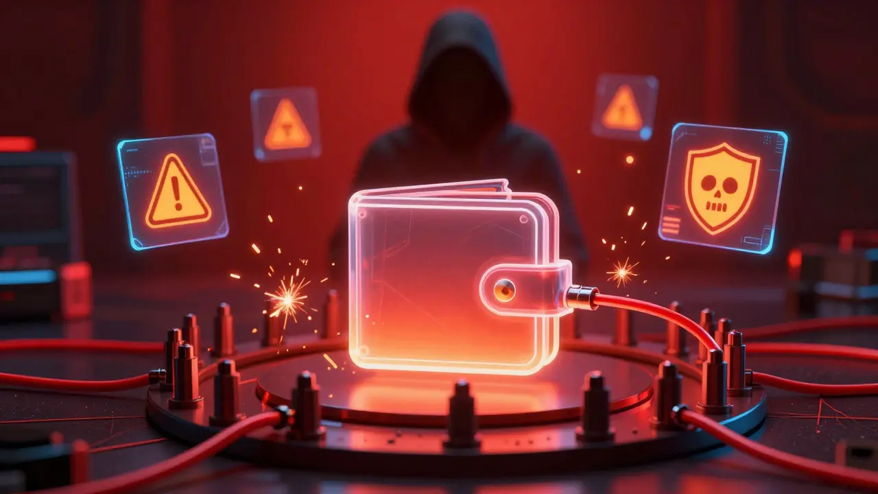 Digital wallet being drained by red cables in a cyberpunk scam scene