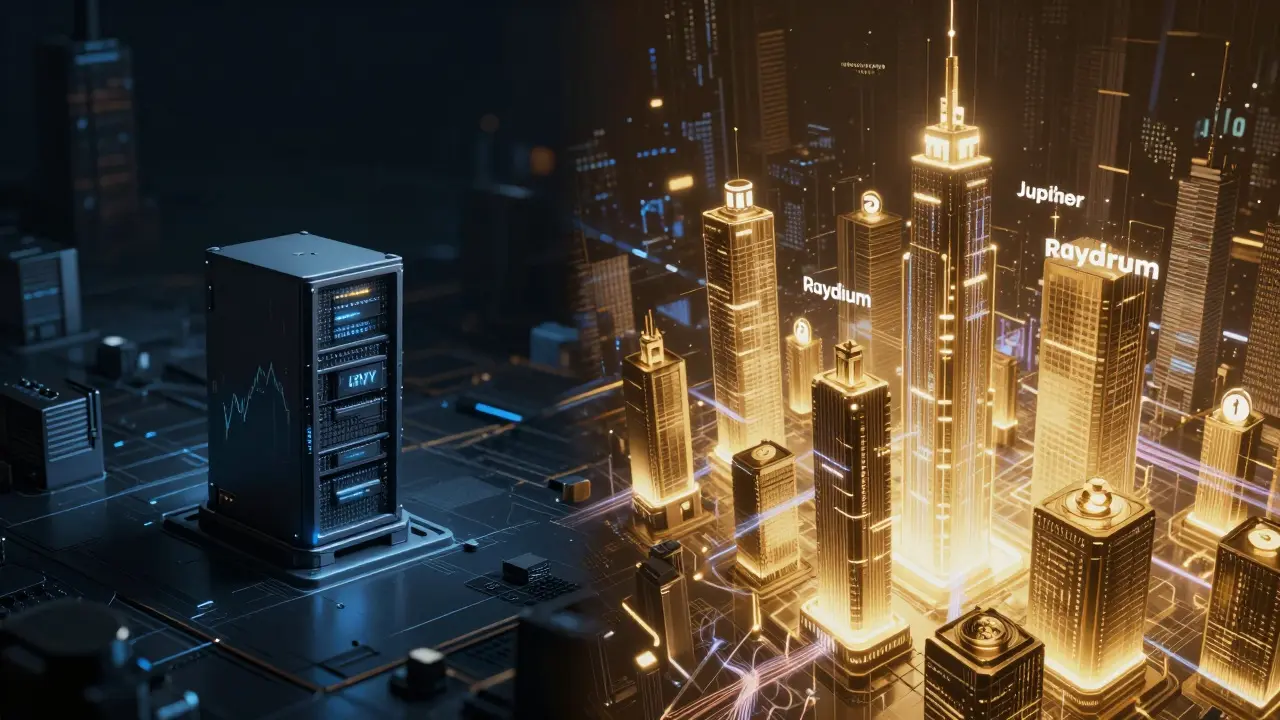 Dim LFNTY node vs bright competitor structures in cyberpunk style