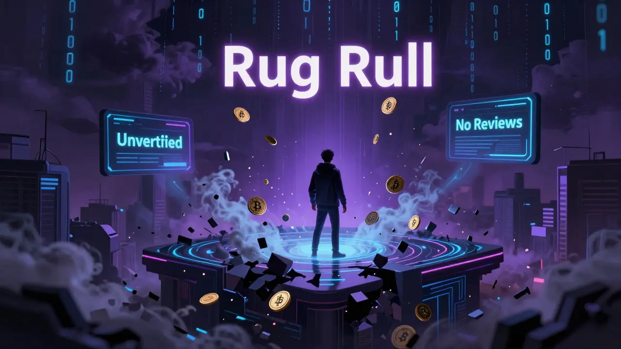 Dramatic cyberpunk scene depicting rug pull risk with dissolving digital platform and falling crypto
