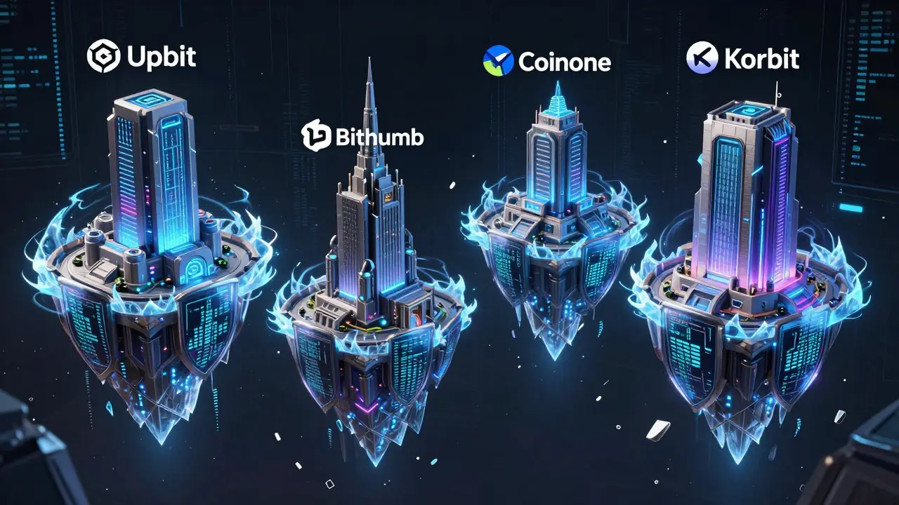 Four fortified digital exchange towers floating securely in a cyberpunk void