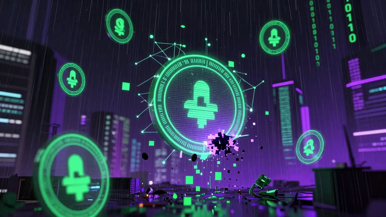 Fragmented dissolving crypto tokens floating in a chaotic digital void