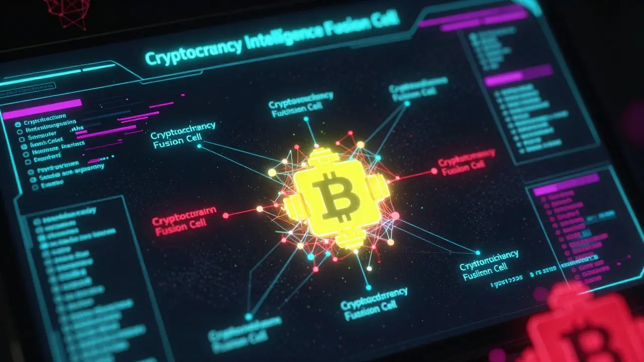 Futuristic AI dashboard analyzing blockchain transactions to freeze stolen assets