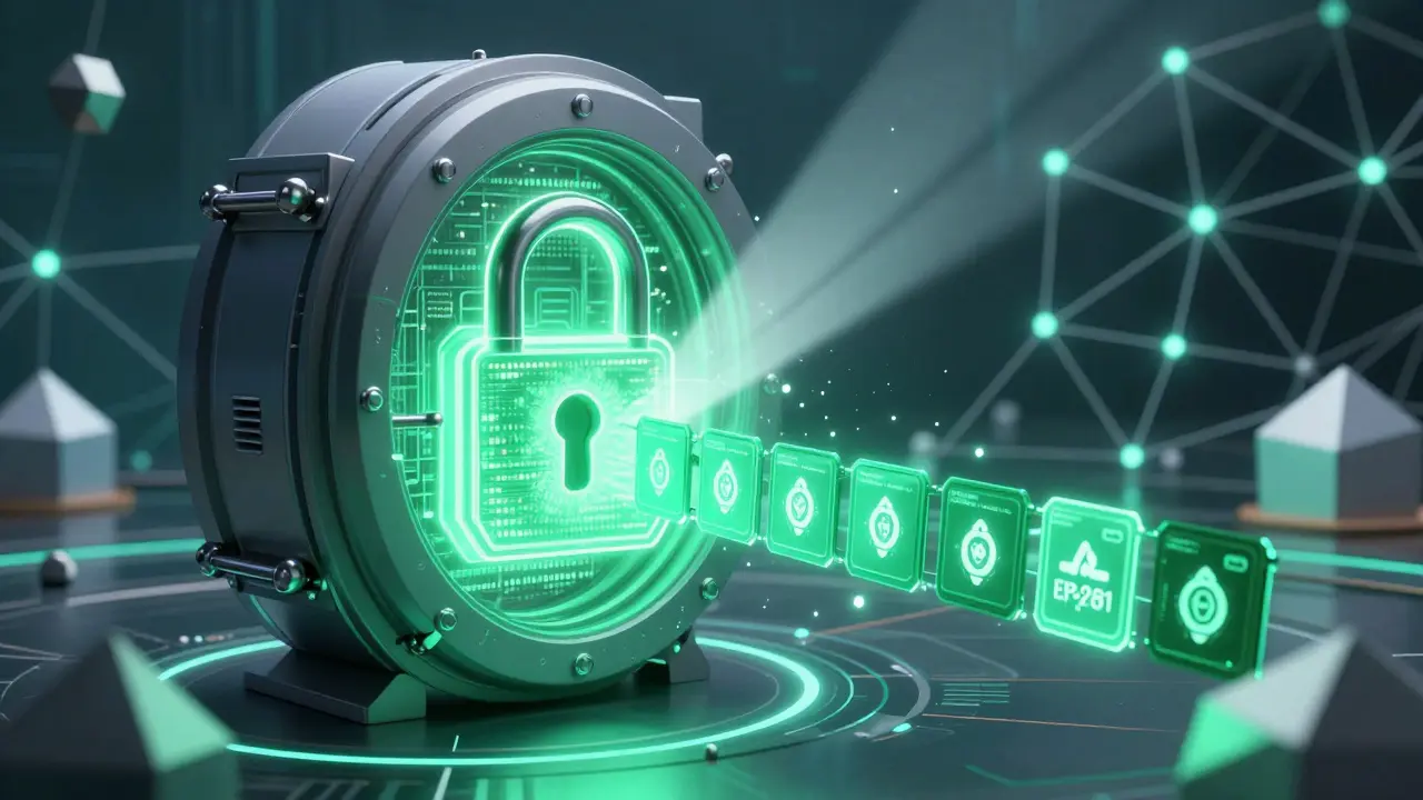 Futuristic digital lock securing NFT royalty streams against a blockchain network background