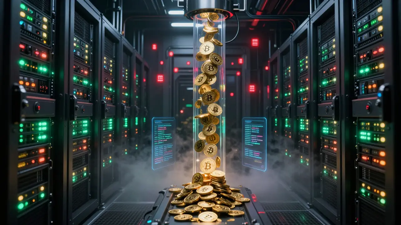 Futuristic secure server vault with segregated digital assets in cyberpunk style