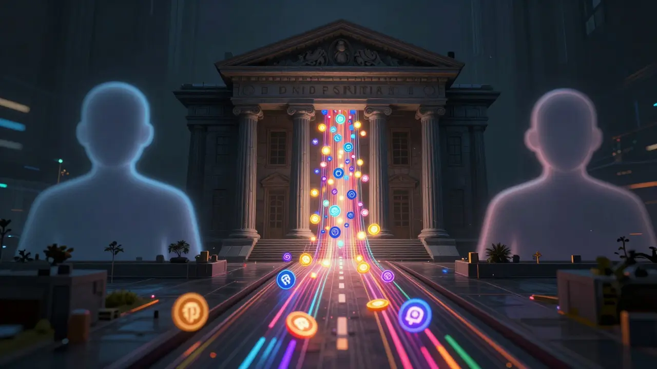 Glowing crypto tokens bypassing a shadowy bank building in cyberpunk style