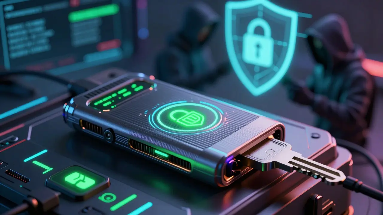 Hardware wallet secured by digital firewall against cyber threats in cyberpunk art