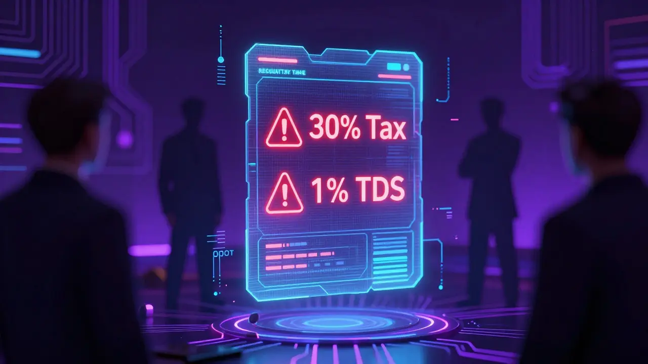 Holographic display showing crypto tax rules and TDS warnings in cyberpunk style