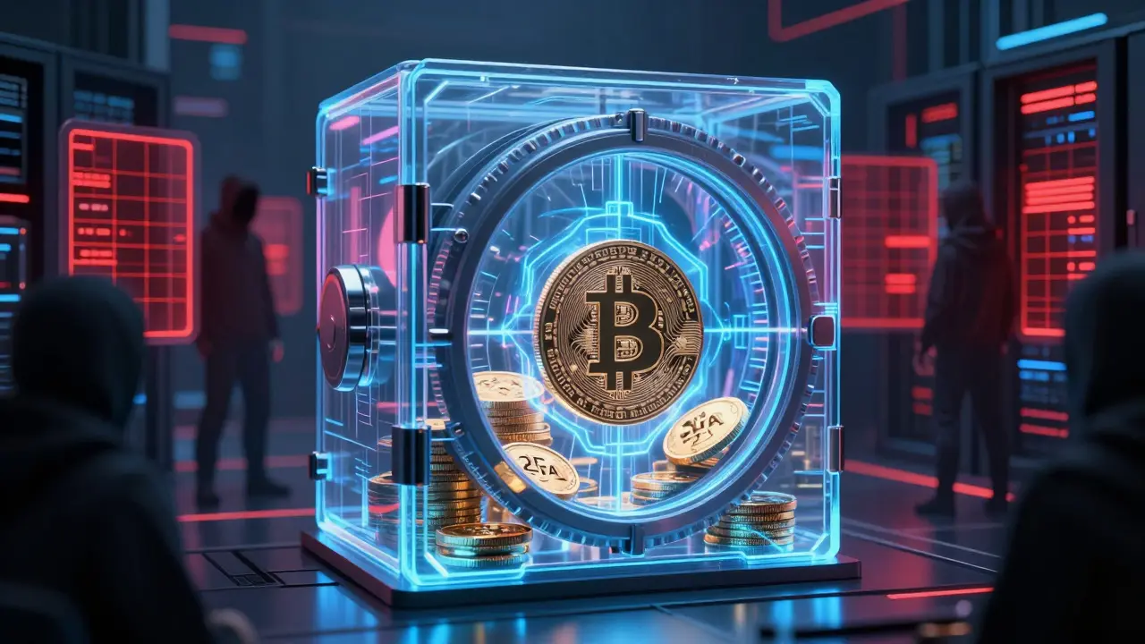 Holographic vault protecting Bitcoin tokens from hackers in cyberpunk style