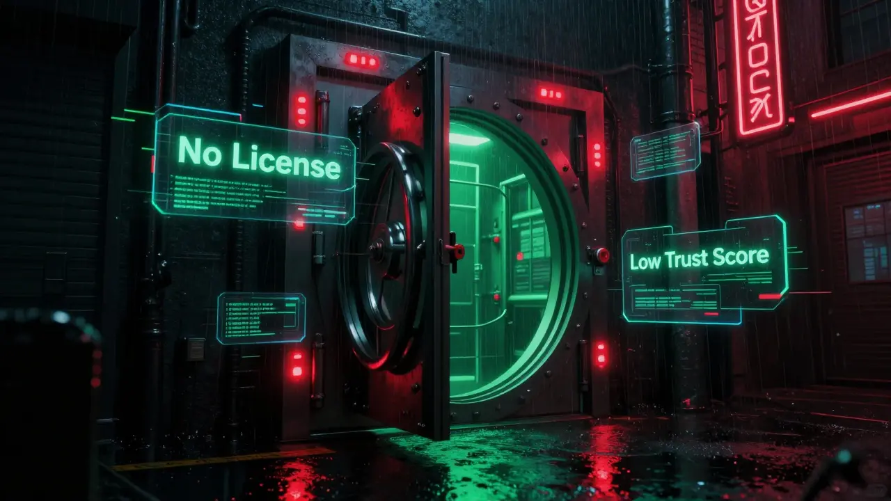 Neon-lit vault with red warning lights symbolizing risk