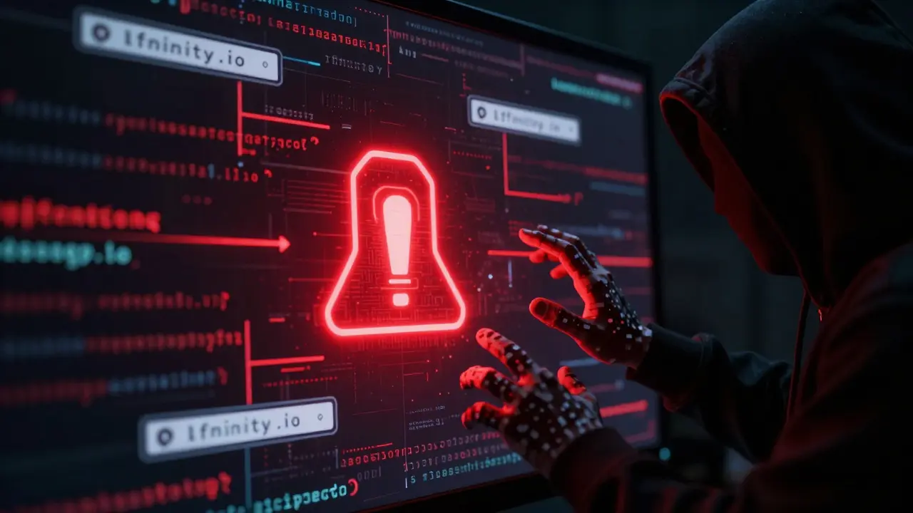 Red digital security alert warning of phishing scams and fake URLs