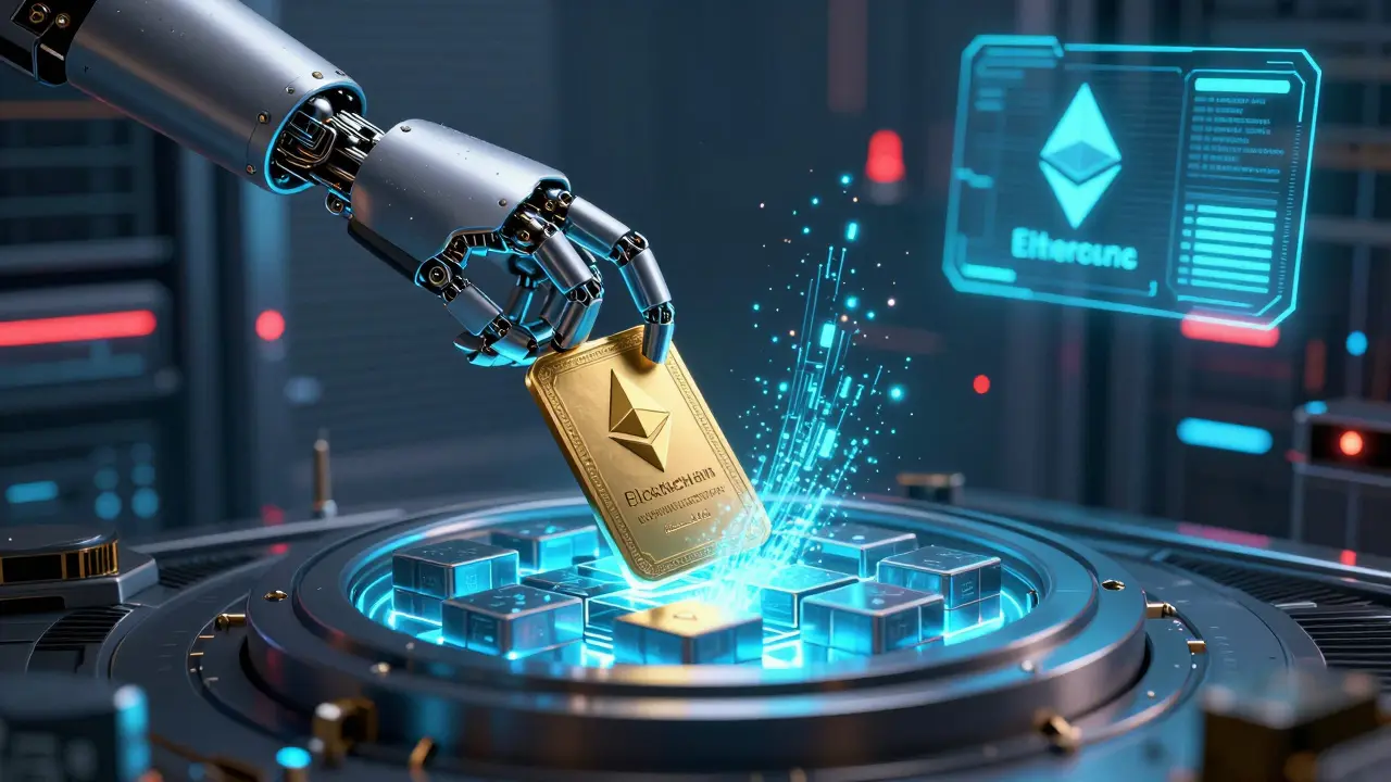 Robotic arm depositing shares into a digital blockchain vault