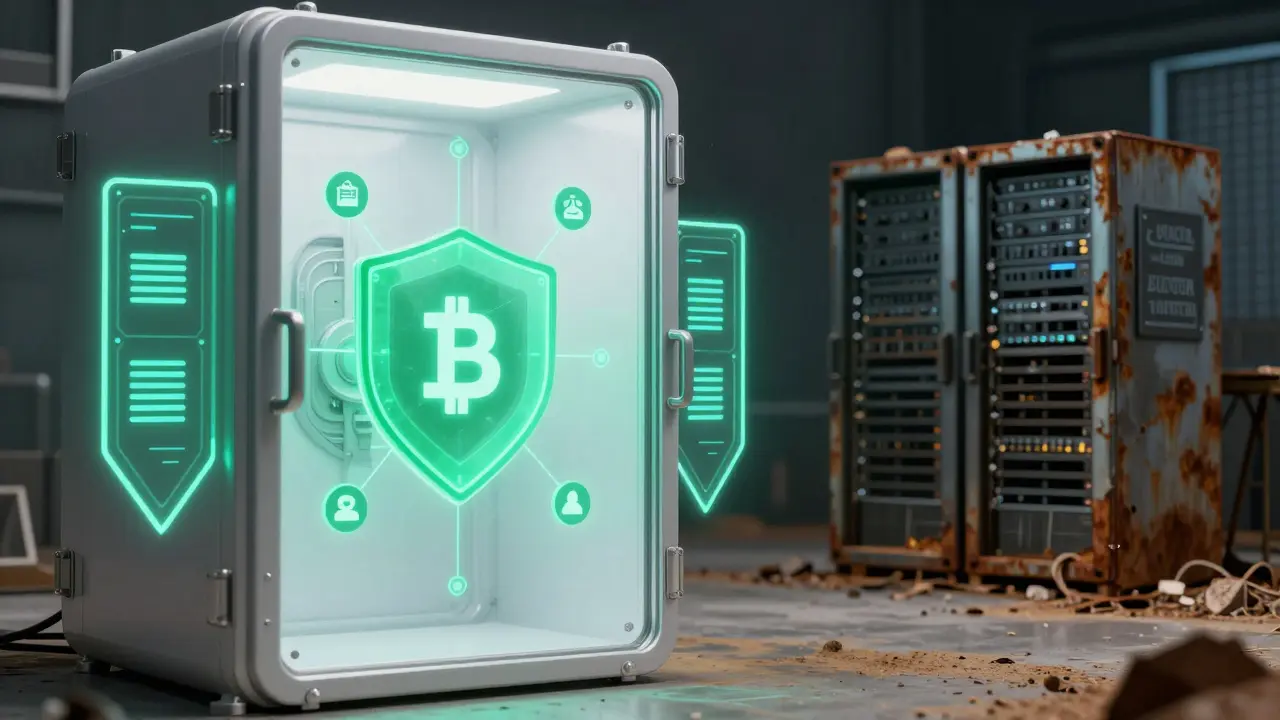 Secure digital vault contrasting with abandoned, rusted crypto servers