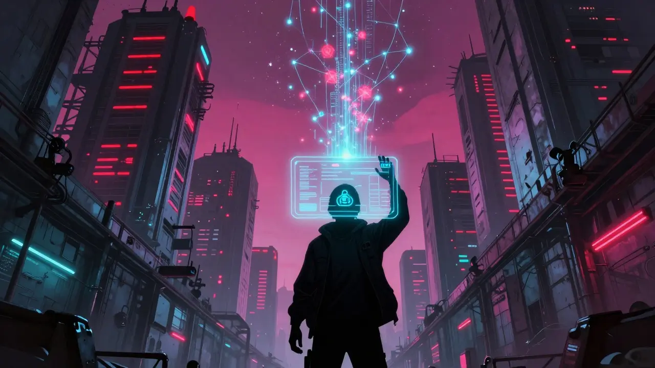 Silhouette broadcasting crypto transaction past oppressive corporate towers