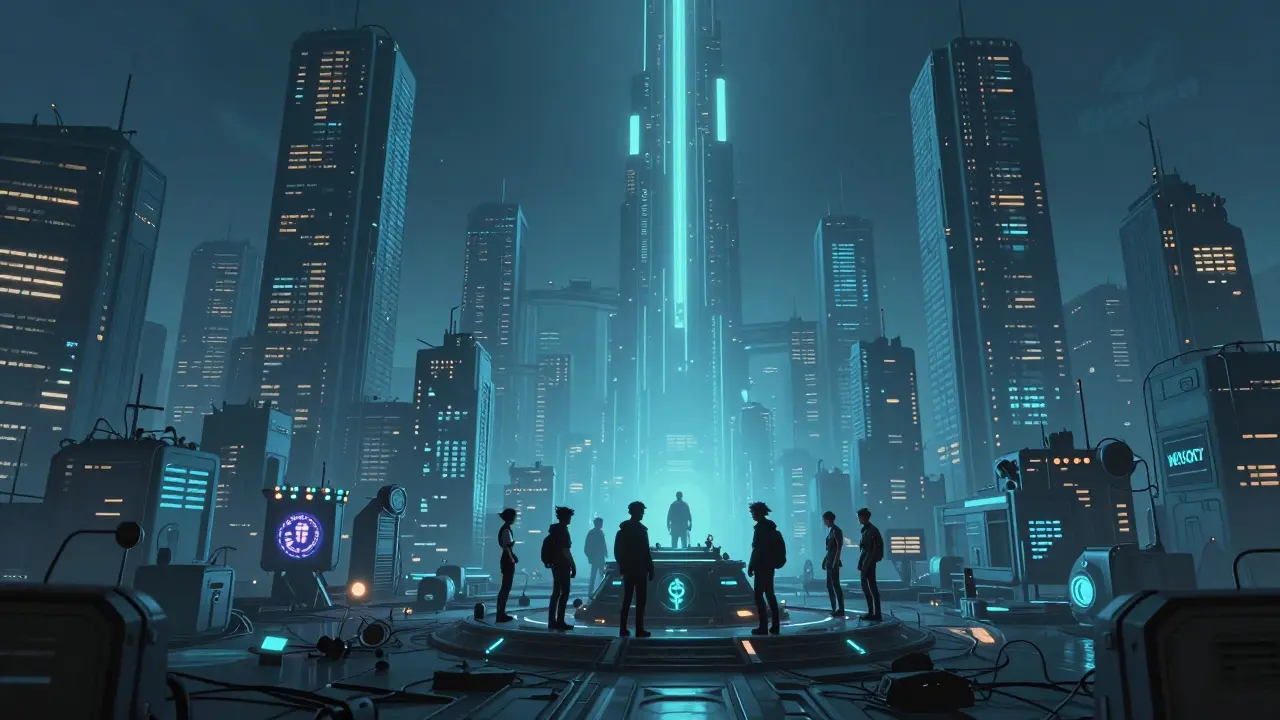 Small isolated crypto community hub vs giant skyscrapers in cyberpunk city