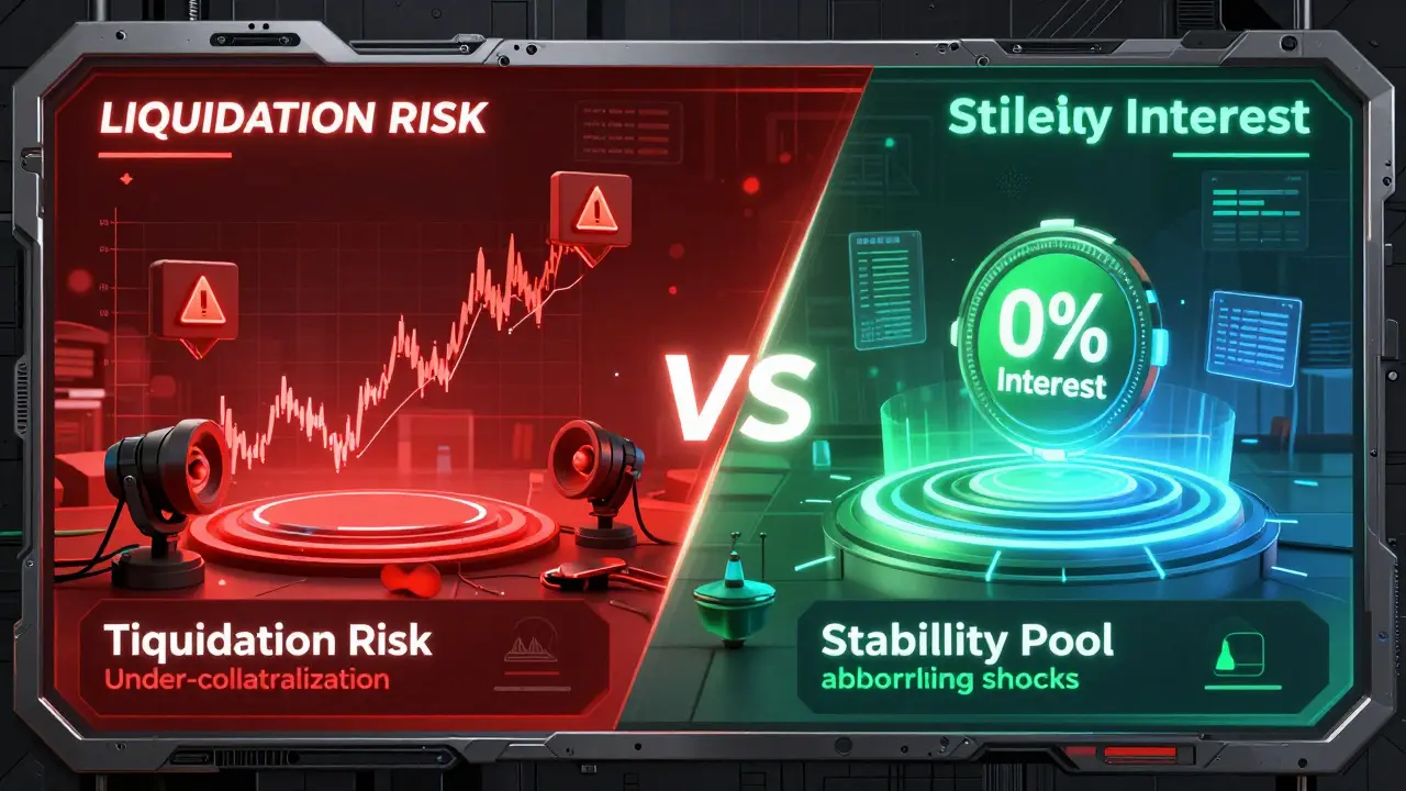 Split screen cyberpunk graphic contrasting liquidation risks with stability pool rewards in DeFi lending.