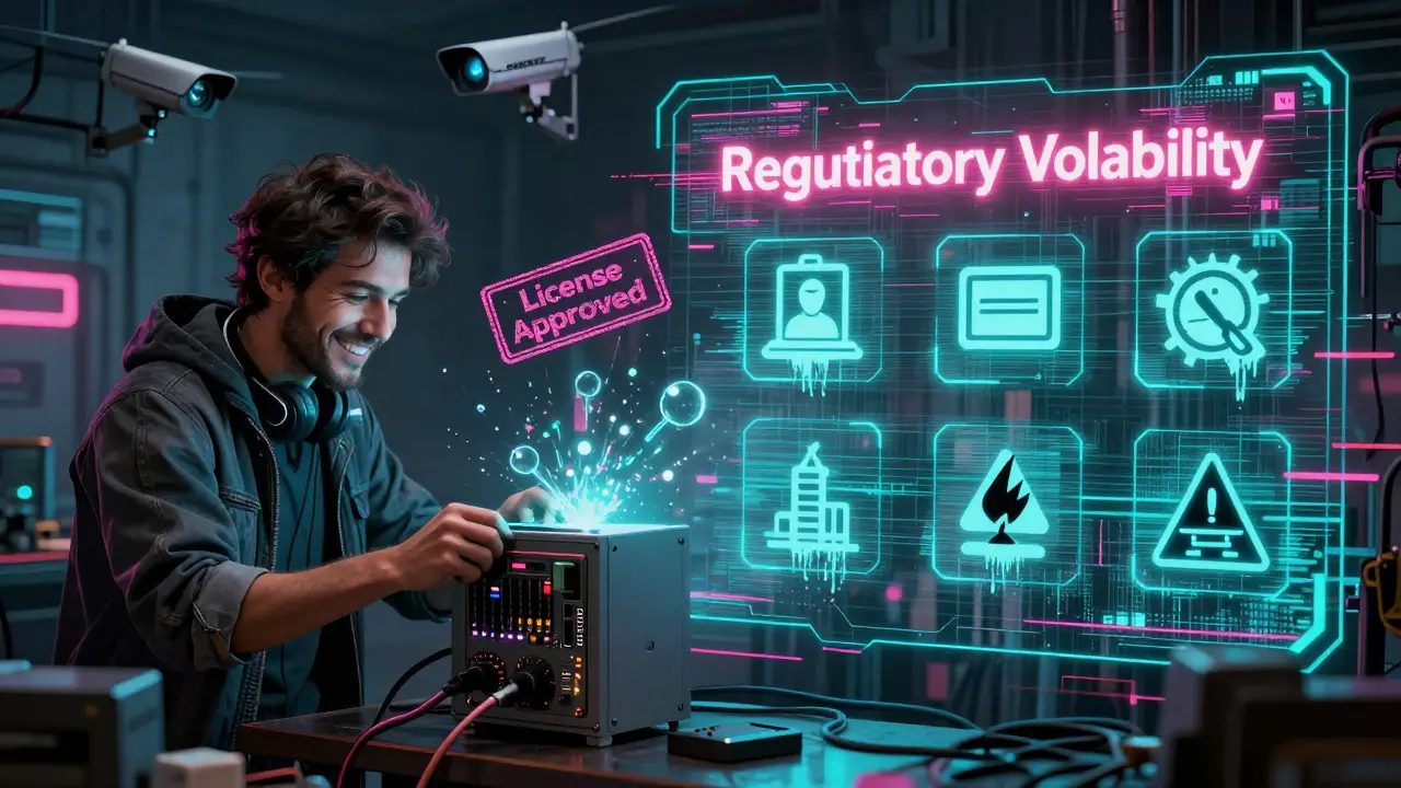 Split-screen cyberpunk image contrasting licensed mining approval with subsequent risks like regulatory volatility, payment freezes, and infrastructure failures, featuring SENIAT and SUNACRIP symbols in a gritty, futuristic style.