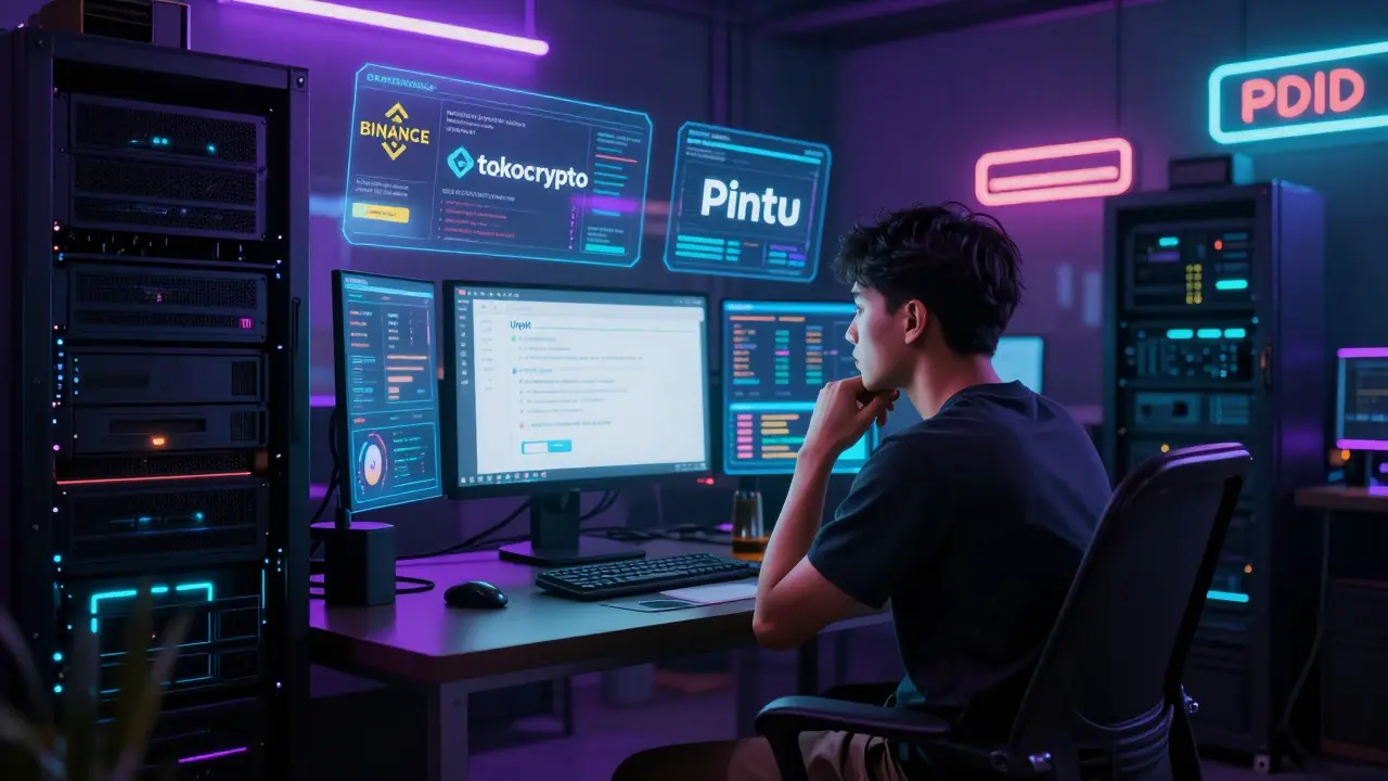 Trader comparing crypto exchange interfaces on holographic screens