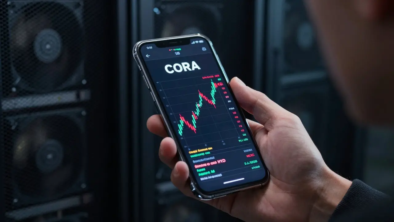 Trader viewing volatile crypto charts on a holographic phone in a dark room