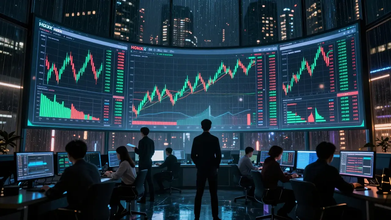 Traders monitoring holographic stock charts in a neon-lit room
