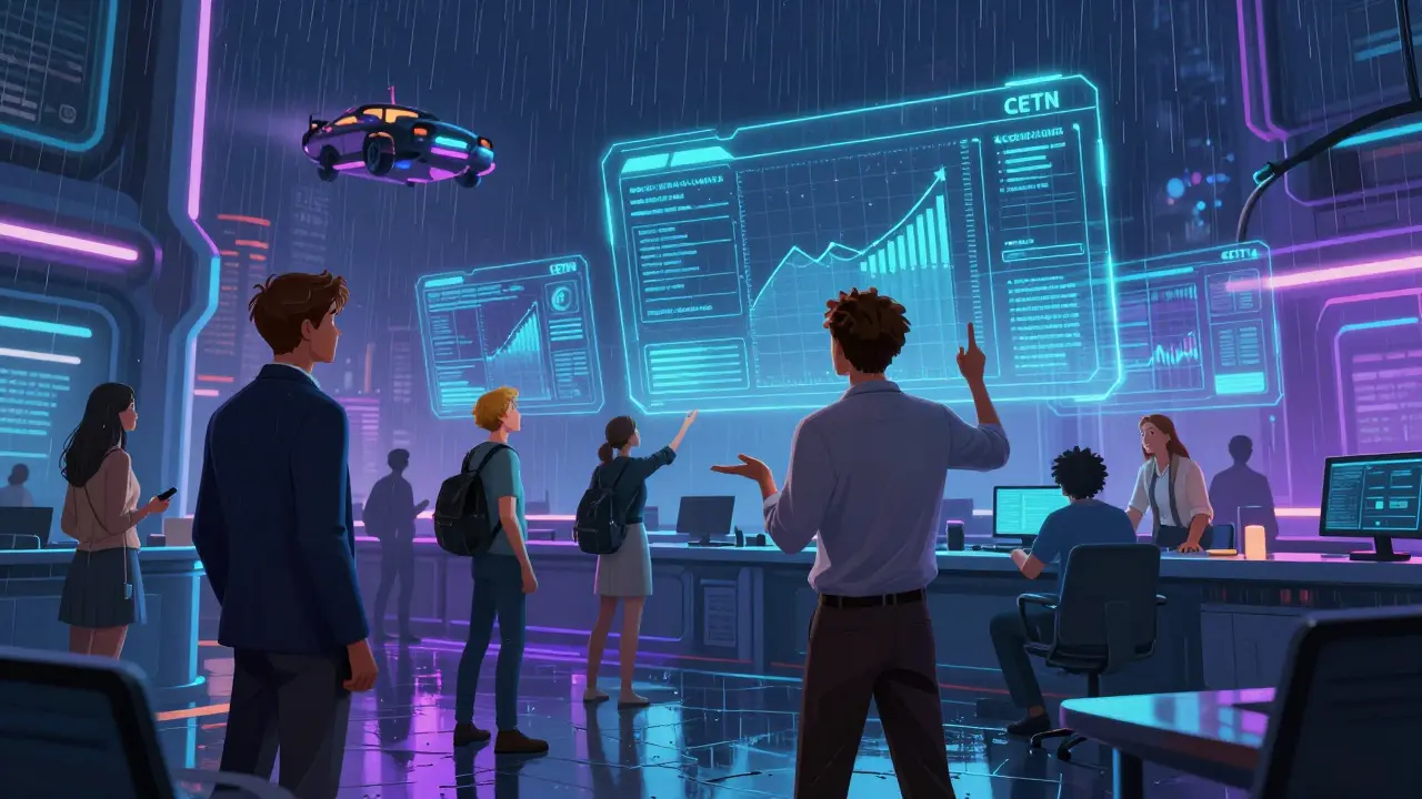 Traders using AR screens for crypto ETNs in a high-tech cyberpunk trading floor