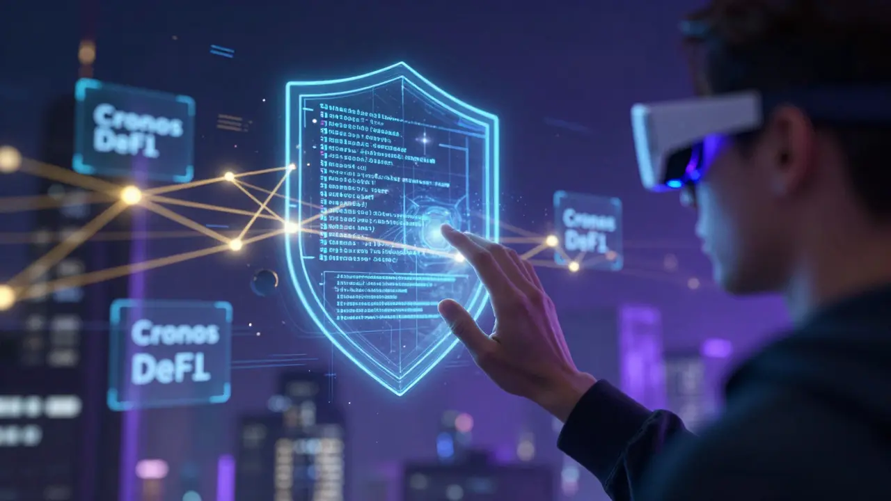 User interacting with smart contract shields protecting crypto assets on the Cronos blockchain in a neon city.