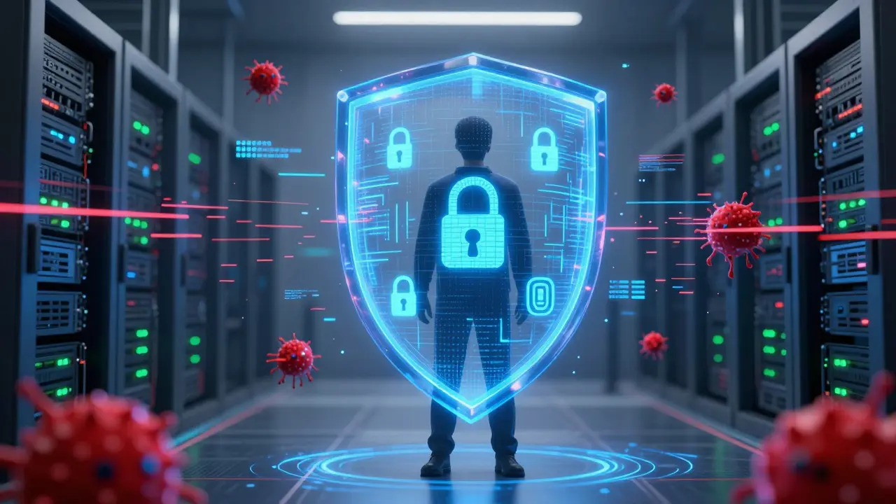 User protected by blue energy shield against cyber threats